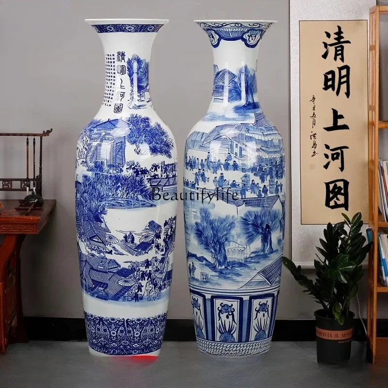 

PJ13Jingdezhen ceramics Qingming Shanghe map hand-painted floor-to-ceiling large vase ornament
