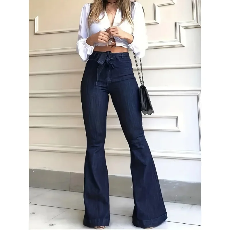 

Navy Blue Flared Jeans Autumn, High-Stretch With Waistband Bell Bottom Wide Legs Denim Pants, Women's Denim Jeans & Clothing