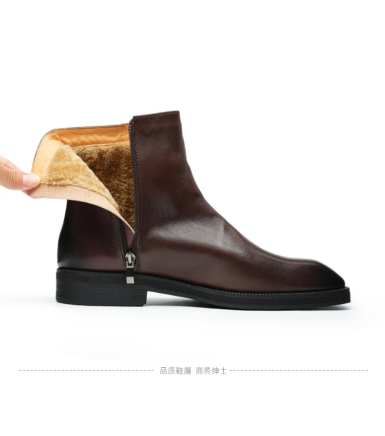 Fleece-Lined Cowhide Leather Ankle Boots Men's Winter Leather Vintage Boots Zipper British Style High-Top Shoes High Boots