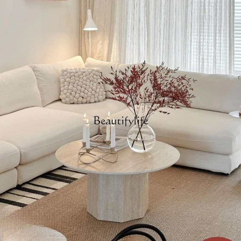 

ls 35Wabi Sabi wind travertine rock slab coffee table round cream medieval small apartment coffee table