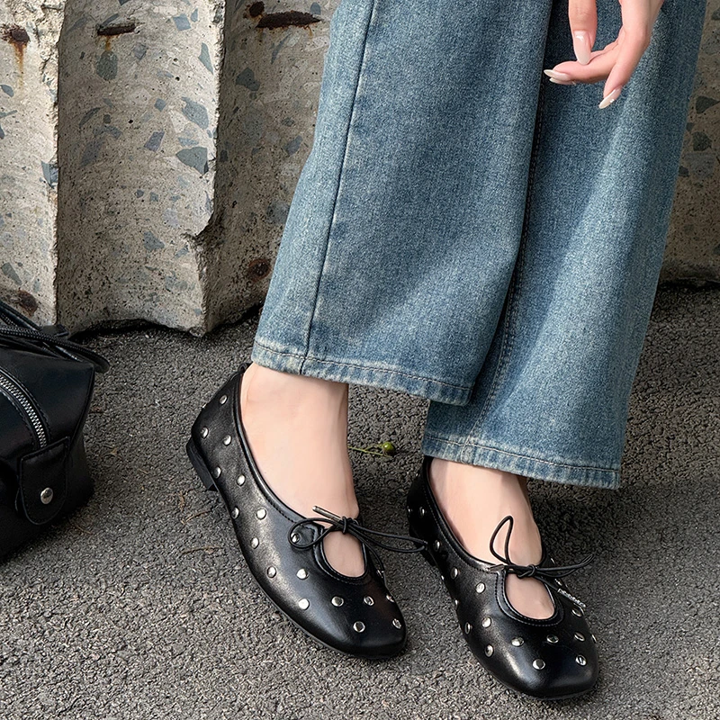 Retro Schwarze Nieten-Schleifen-Ballettschuhe für Damen, Einfarbige Flache Mary Jane Schuhe mit Flachem Absatz – Detail 14