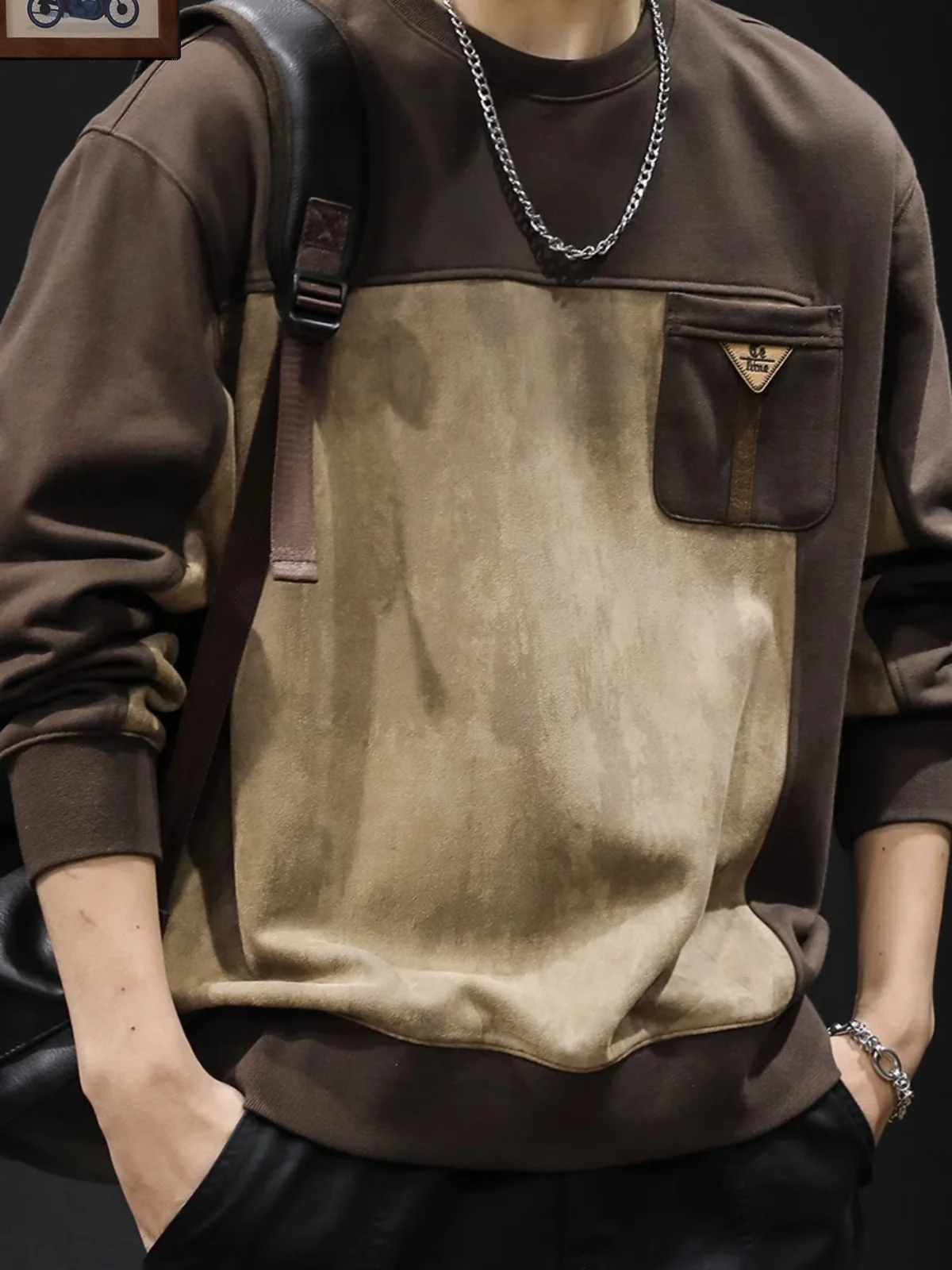 

Модный мужской свитшот оверсайз на осень-зиму с длинным рукавом и круглым вырезом, модель M, цветной, из замшевой ткани, повседневный уличный стиль