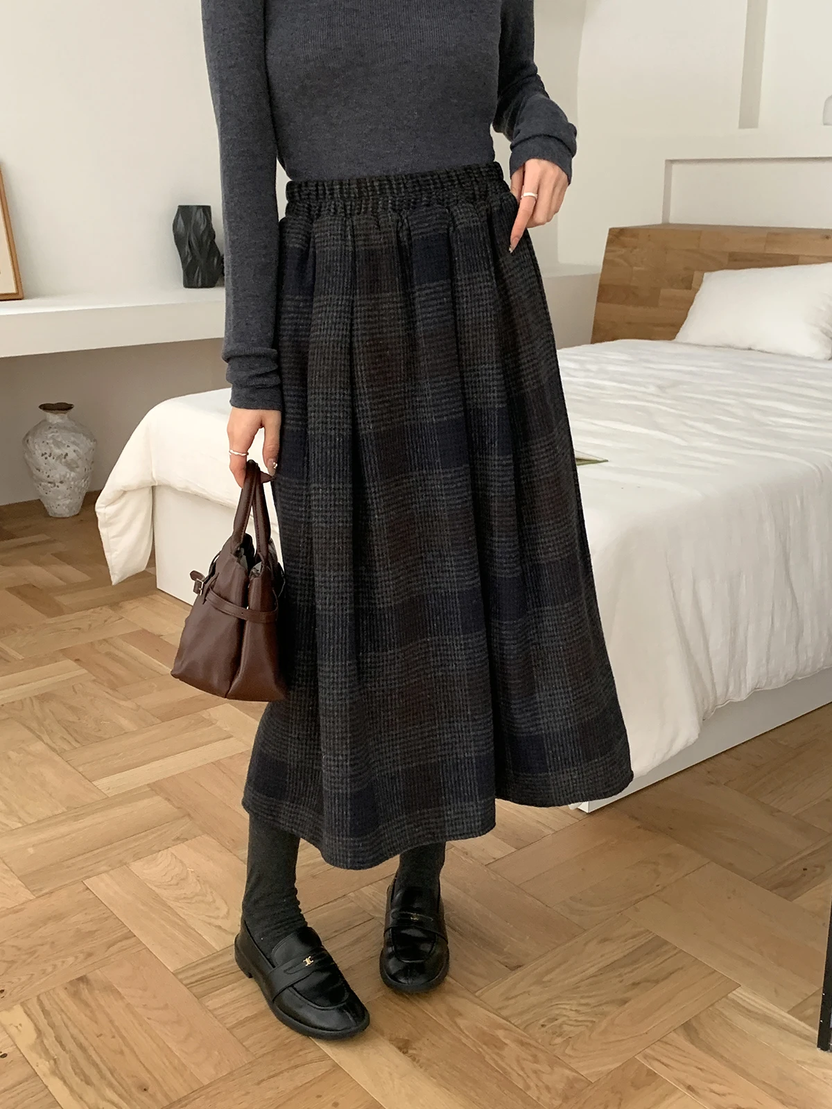 Loose High Waist Thiened Plaid A-Line Skirt for Girls Elastic Waist Autumn Winter k Color f-length Skirt