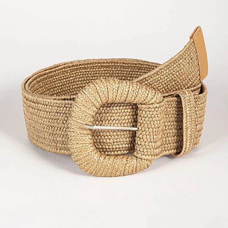 

New Retro Women Summer Pin Buckle Belts Fashion Female Braided Wide Belts Designer Woven Elastic PP Straw Grass Girls Waistband