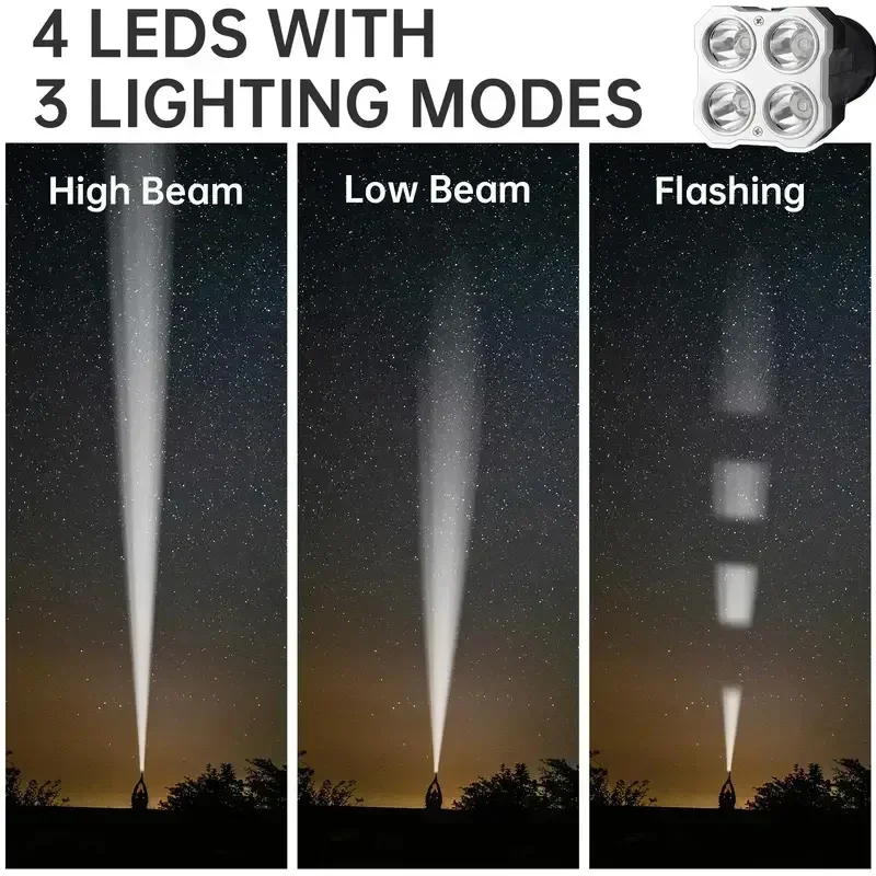 Senter 4LED Daya Tinggi dengan 3 Mode Pencahayaan Tahan Air Lampu Samping COB Lampu Sorot Alat Berkemah Portabel Dapat Diisi Ulang