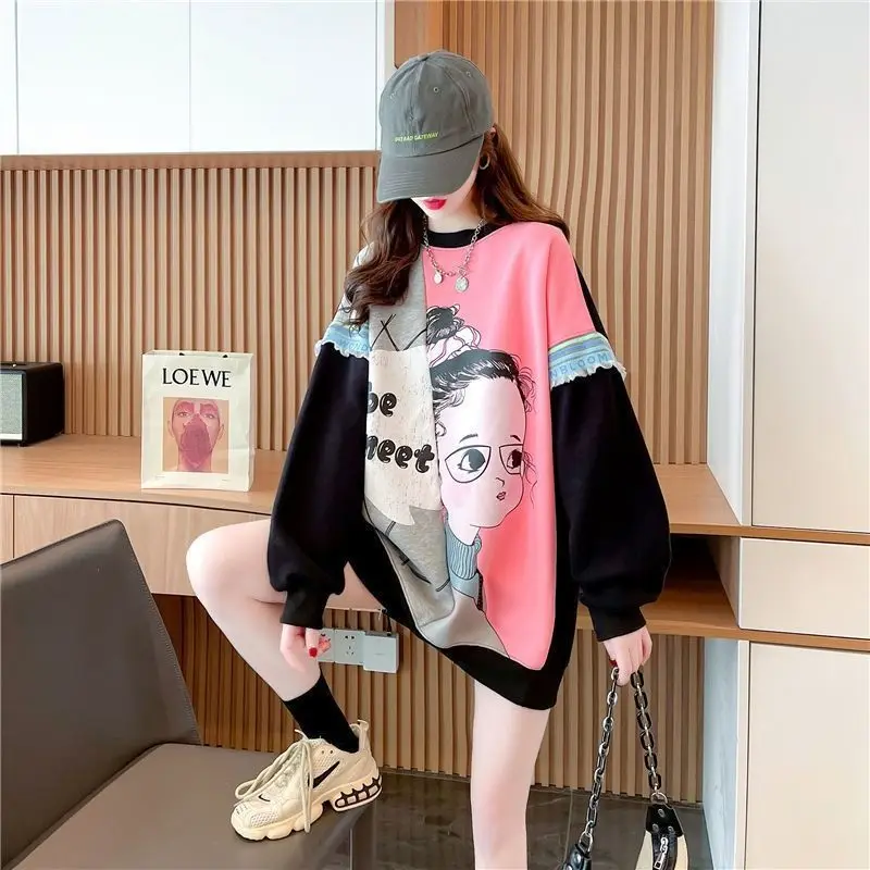 Fashion Printed Spliced Lace Casual Color T-Shirts Female Clothing 2023 Autumn Winter New All-match Tops Korean Tee Shirt