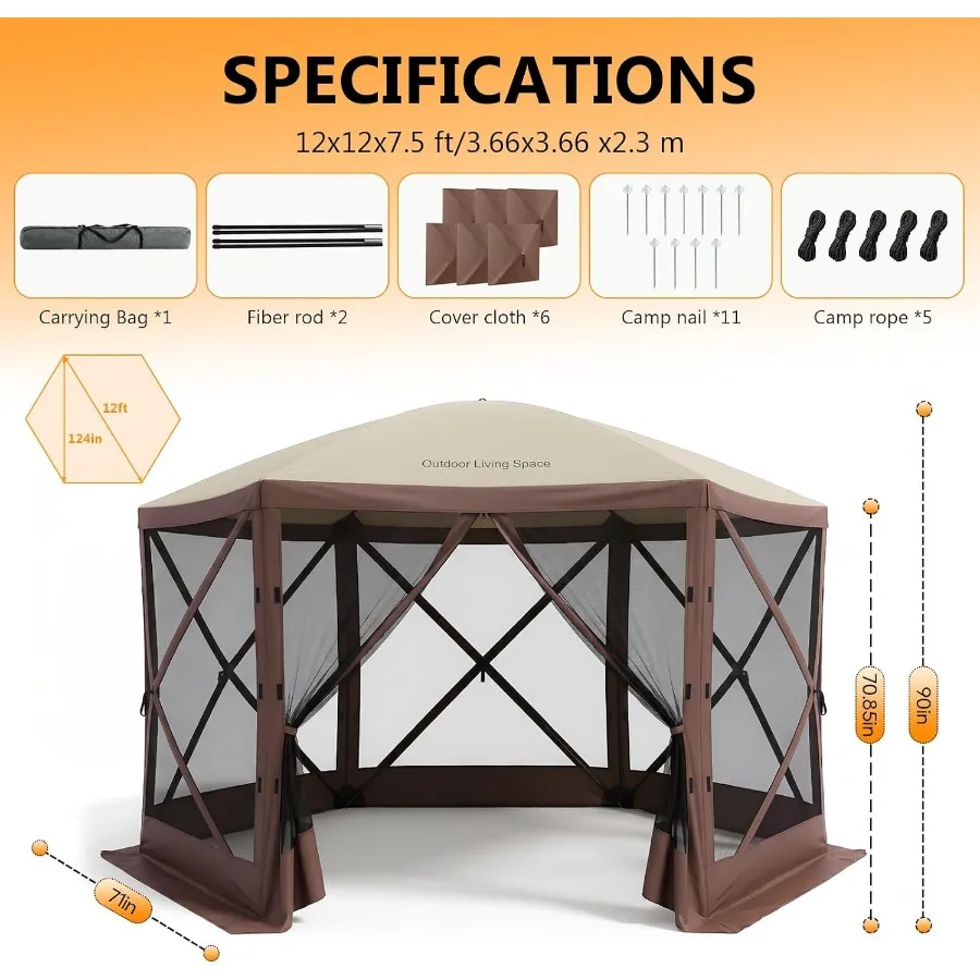 Feet Pop Up Canopy Tent, 6-Sided Portable Gazebo with Mosquito Netting and Removable Wind Cloths, Large Shelter Tent for Outdoo