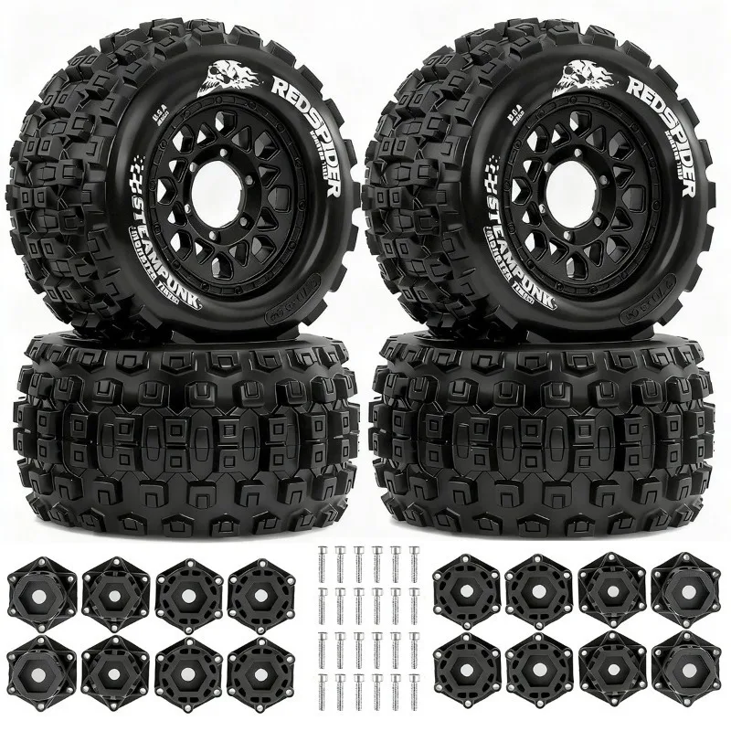 4pcs 128mm 1/10 Monster Stunt Truck general Tire 12mm and 14mm Hex for TRXS MAXX ARRMA Granite KRATON Outcast Tamiya Losi Red