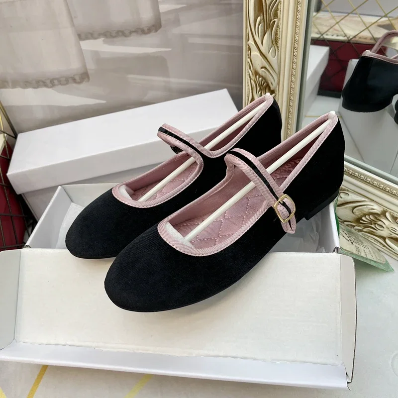 2024 New Autumn Winter korea Flats Round Toe Women\'s Shoes Velvet Silk Flats Fashion Mary Jane Shoes Women Shoes