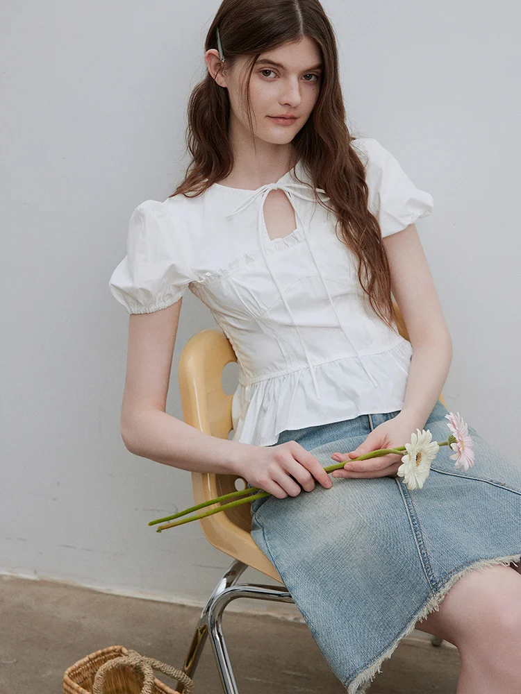 

Женская летняя блузка Lofi: новый дизайн, рукав-фонарик, бантик, приталенный крой, элегантный короткий рукав, для повседневной носки