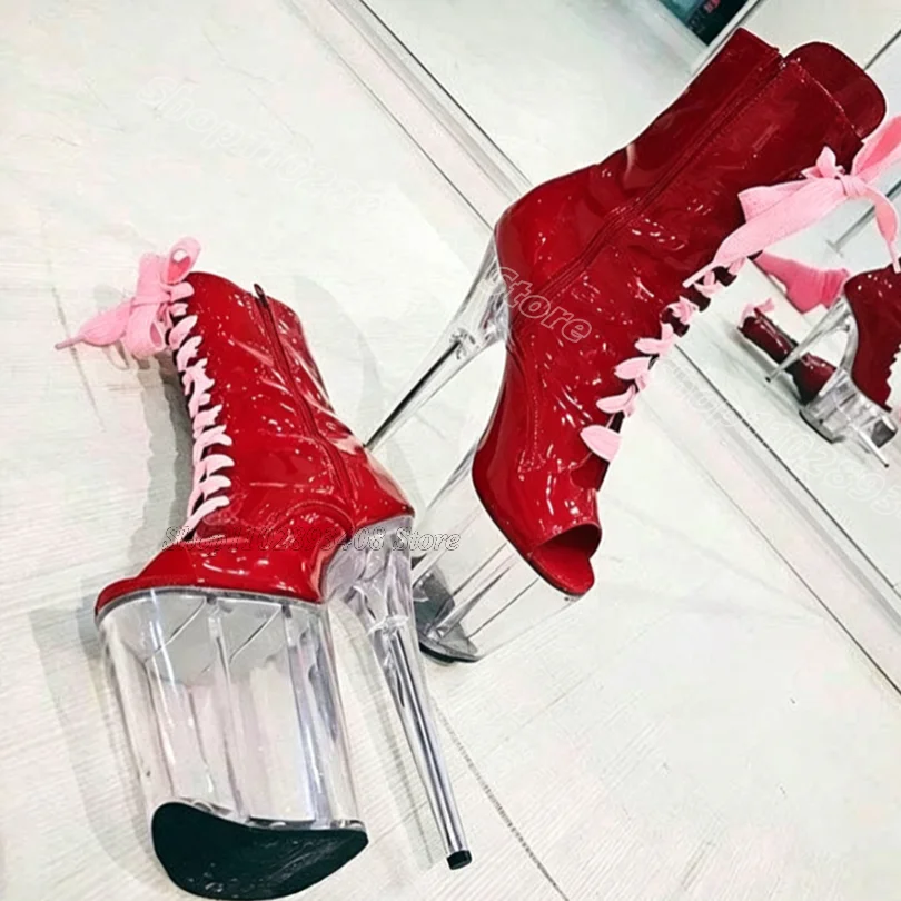 Red Lace up Peep Toe Sandal Boots Thin High Heels Side Zipper Casual Permance Women Pole Dance Sexy Boots Zapatos Para Mujere