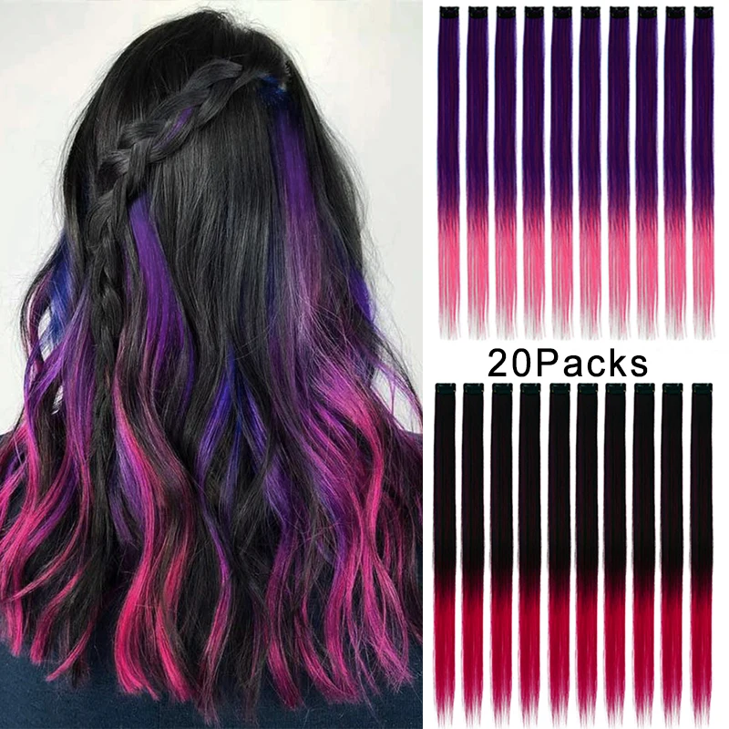 20 Pcs Mix Colored Hair Extensions for Kids Girls Clip In Rainbow Hair Extensions Highlight Straight Hairpieces for Faver Gifts