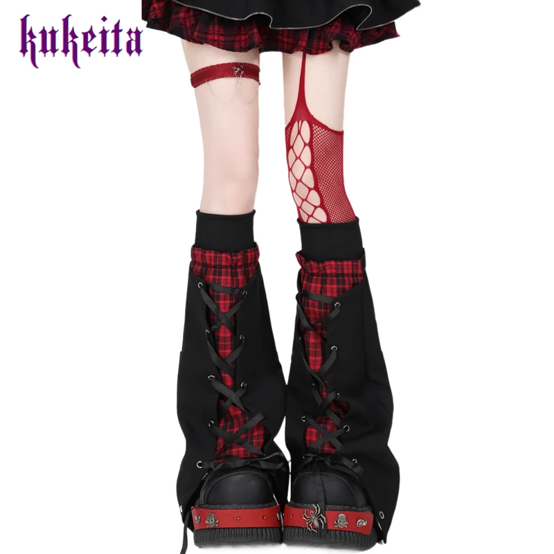Kukeita Gothic Lolita Red Plaid Leg Warmers Socks Women Girls Y2K Punk Lace Up Flare Leg Covers Dark Rock Boots Socks Streetwear