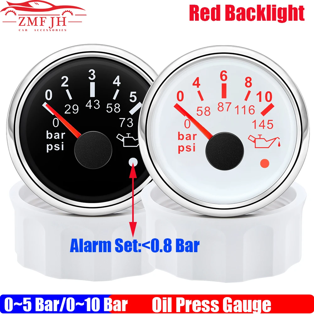 5Bar/73PSI,10Bar/145PSI Oil Pressure Gauge Red Backlight 52mm Oil Press Meter Indicator Sensor 1/8NPT for Auto Car Marine 12V24V