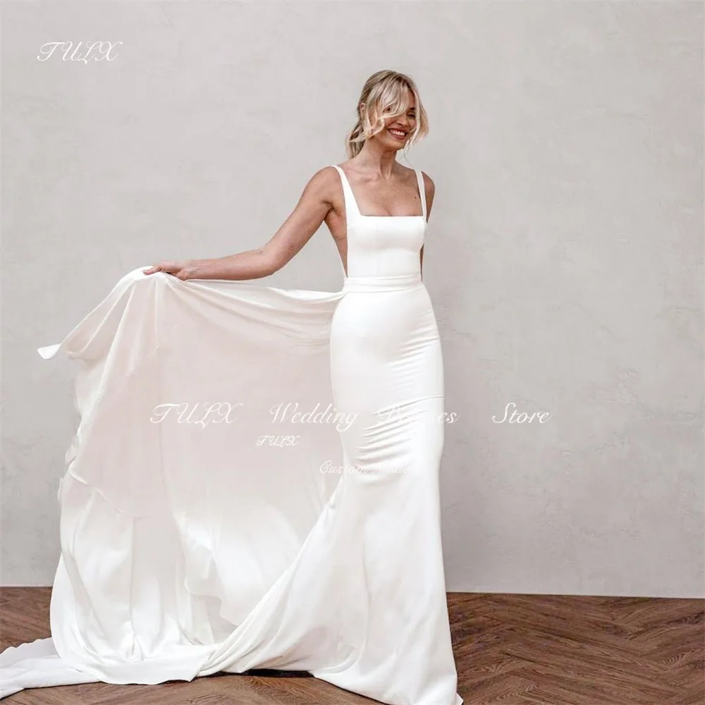 

TULX Elegant Mermaid Long Wedding Dresses Women Strap Square Collar Bridal Gown Sweep Train Vestidos De Noiva Customized 2025