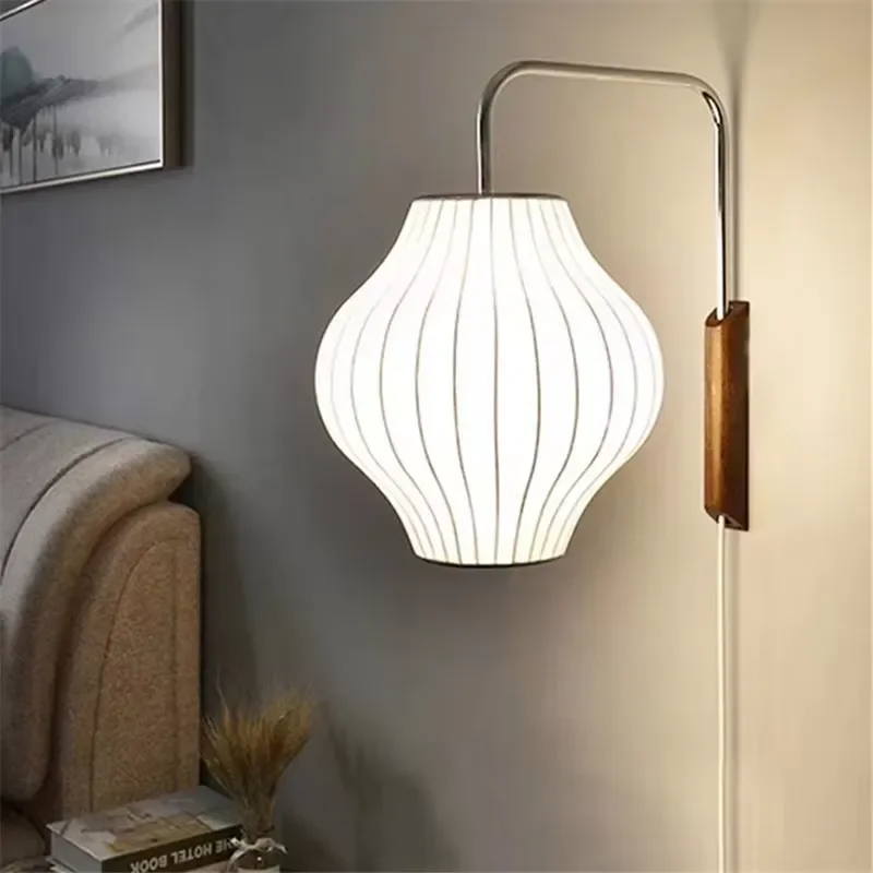 Japanese Wall Lamp White Silk Swing Arm Wall Lamp for Bedroom Bedside Lamp Hotel Restaurant  Vintage Reading Loft Decor