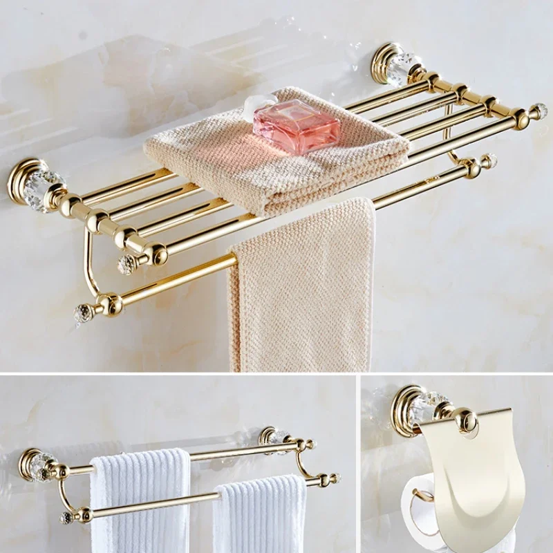 Bathroom Towel Shelf Gold Finished Bath Toilet Paper Holder Robe Hook Towel Rack Holder Tumble Holder Soap Basket