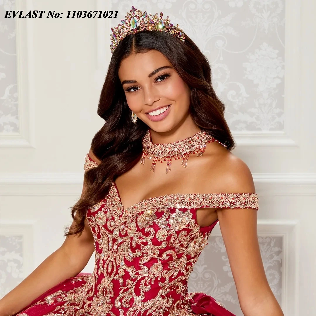 فستان Quinceanera أحمر ، مزين بالدانتيل الذهبي ، مزين بالخرز مع مشد القوس ، فستان كرة 16 حلو ، SQ232 ،