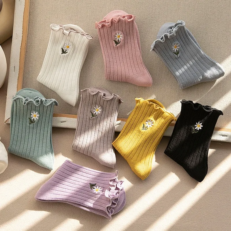 Women Ruffle Frilly Socks Flower Embroidery Cotton Novelty Funny Mid Tube Socks Colorful Cute Summer Winter Solid Crew Sock