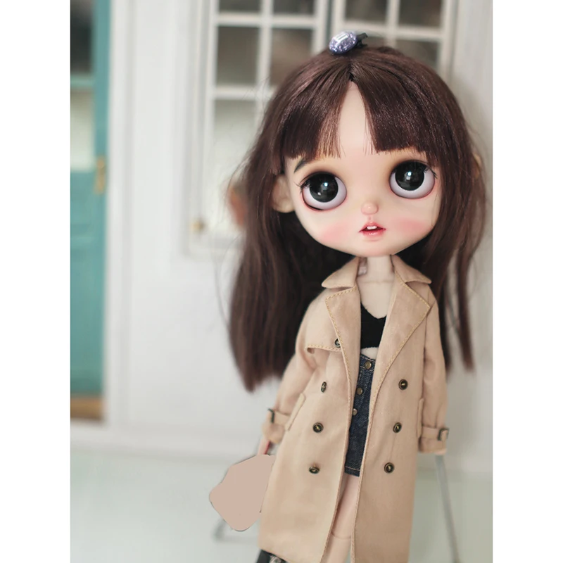 DlBell Autumn Blythe Clothes Fashion Trench Vintage Retros Double Breasted Windbreaker and High Boots for Blyth OB24 Azone Dolls