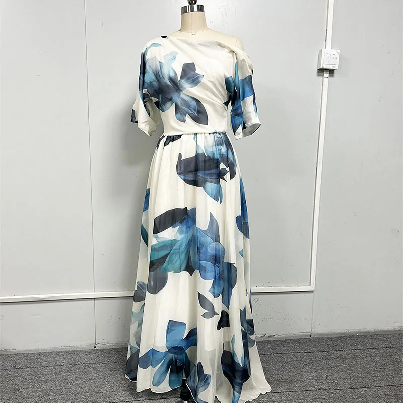 أنيقة بوهو مطبوعة المرأة الصيف فستان طويل مثير قصيرة الأكمام شاطئ فستان الشمس مائل الرقبة مساء حفلة موسيقية ماكسي فساتين Vestidos