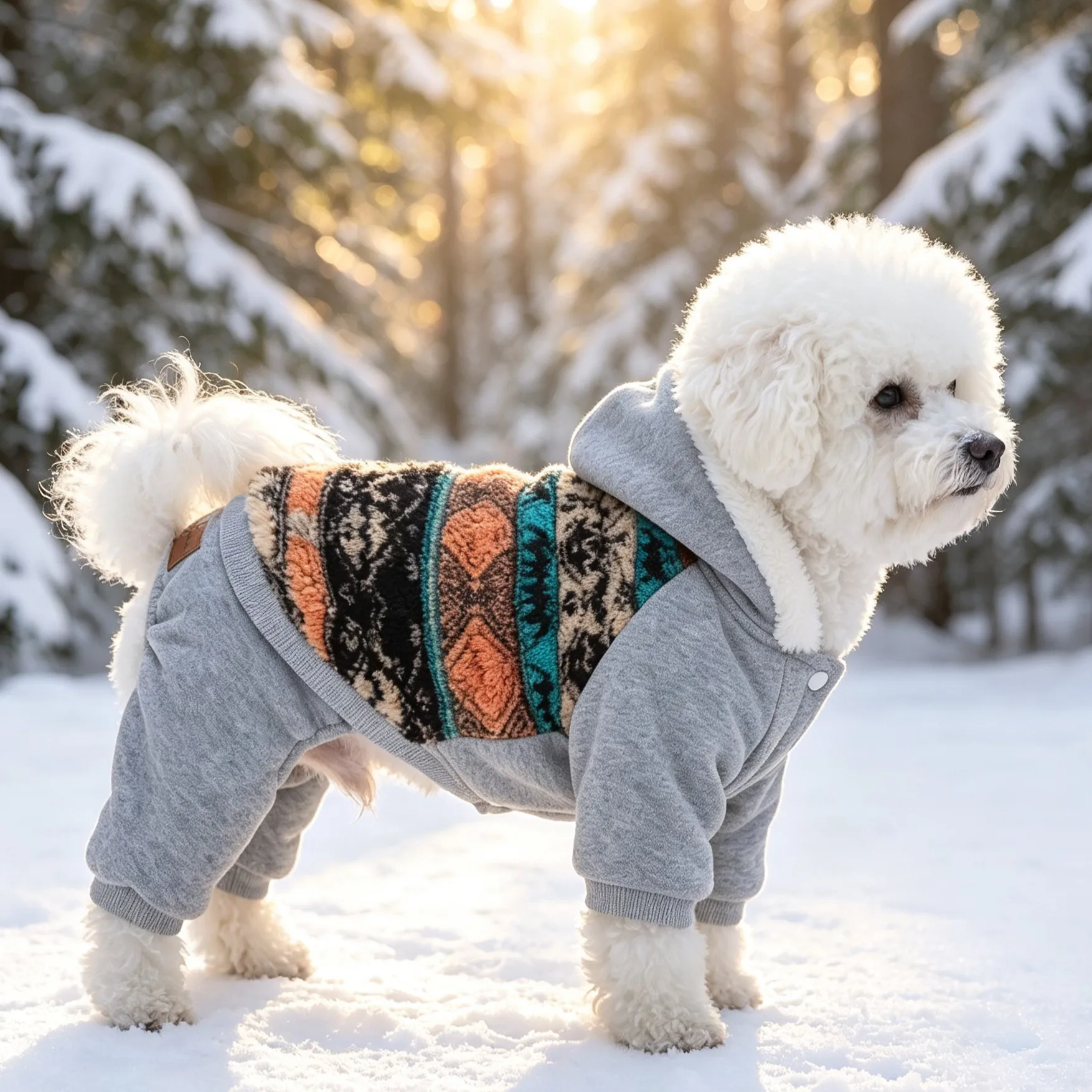 Vierbeiniger Anzug mit Kapuze für Hunde, im ethnischen Stil, mit Jacquard-Muster und Fransen am Saum, vorne mit Druckknöpfen zu öffnen, mit gerippten Ärmel- und Hosenbündchen. – Detail 5