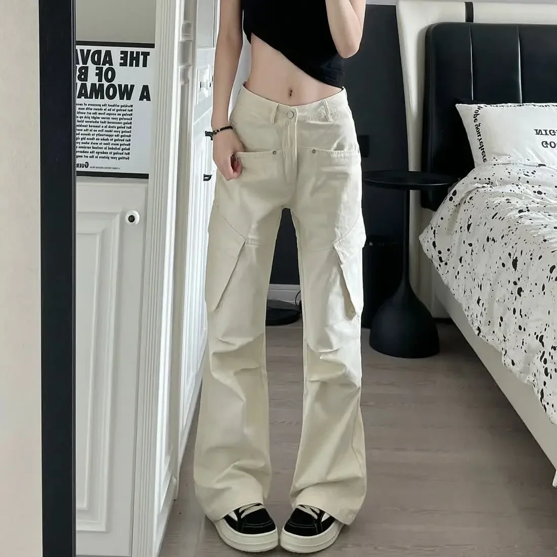 White High Waist Baggy Cargo Pants Vintage Y2k Casual Trendy Workwear American Loose Fit Couple Versatile Paratroopers Pants