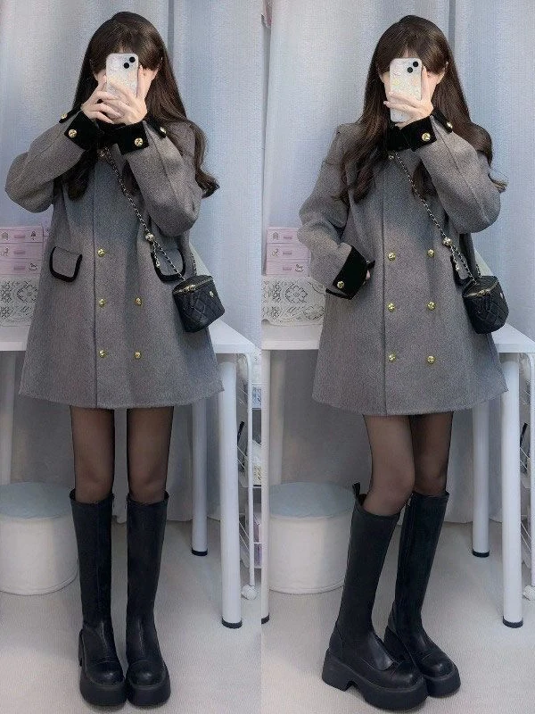 Ladies Thickened Woolen Coat Autumn Winter New Style Loose Fit Warm Fashionable Korean Version Long Sleeve Stand Collar Coat
