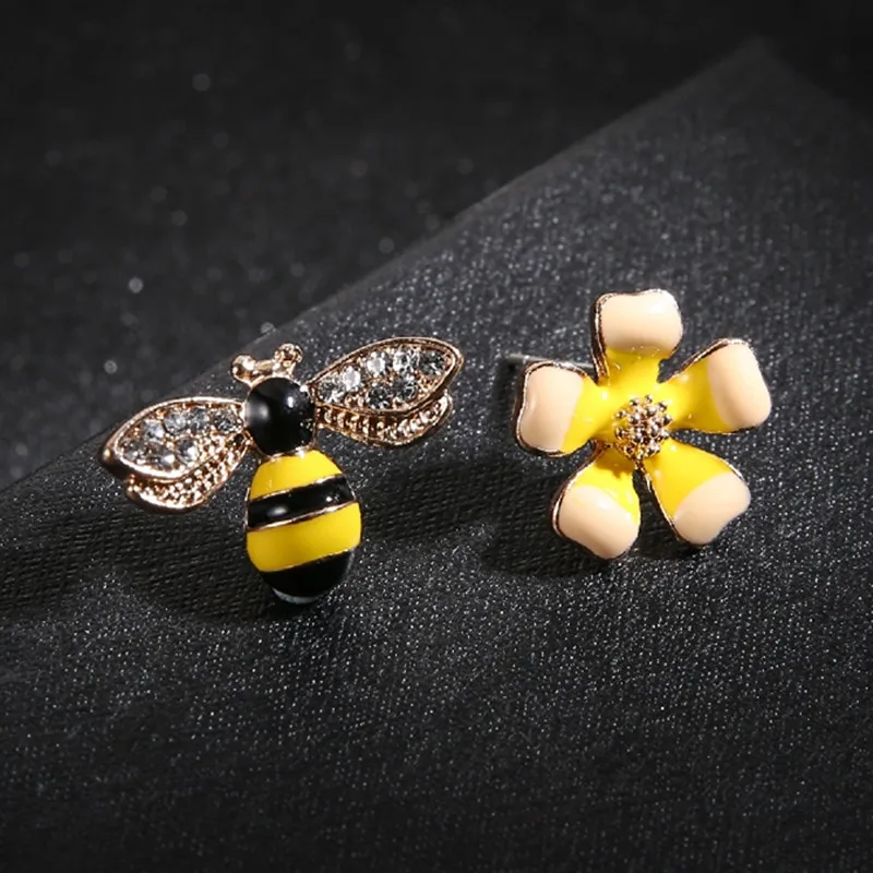 2026 Cute Hot Flower Bee Asymmetric Earrings Zircon Earrings Wholesale Fashion Jewelry Punk Stud Earrings For Women Girls Gift