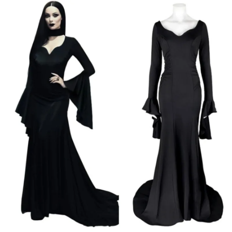 Halloween Morticia Adams Black Adams Family Dress Retro Gothic Long Sleeve V-neck Dress Luxury Casual Elegant Style