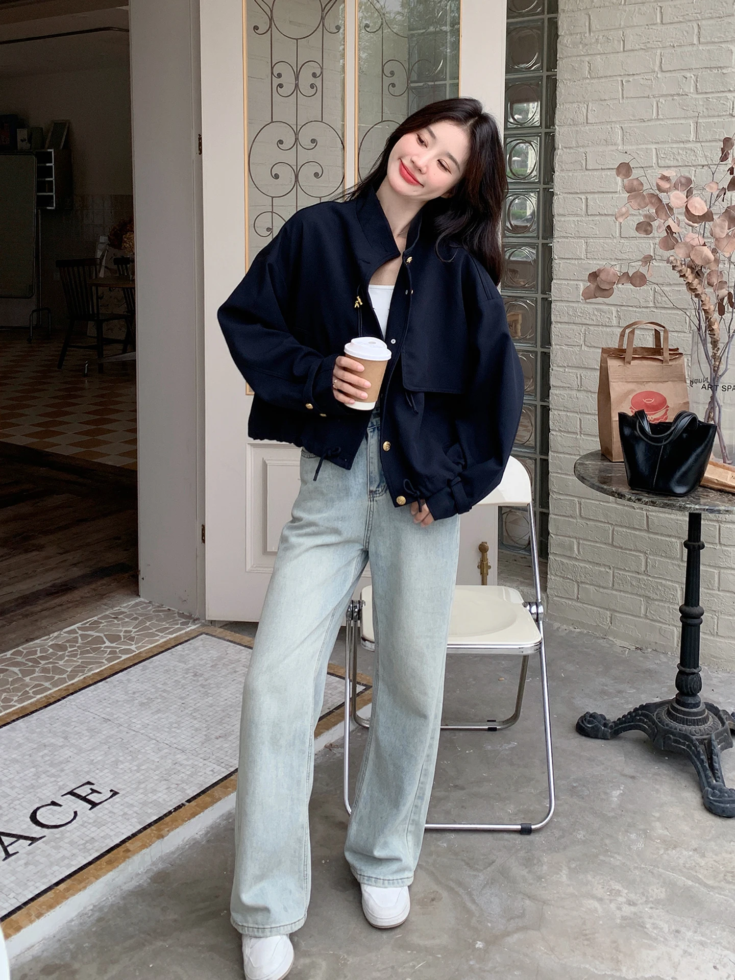 

Casual Faionable Korean Sle Women's Jaet Autumn New Arrival Slimming Top ort Length Button Detail Pure Color Design