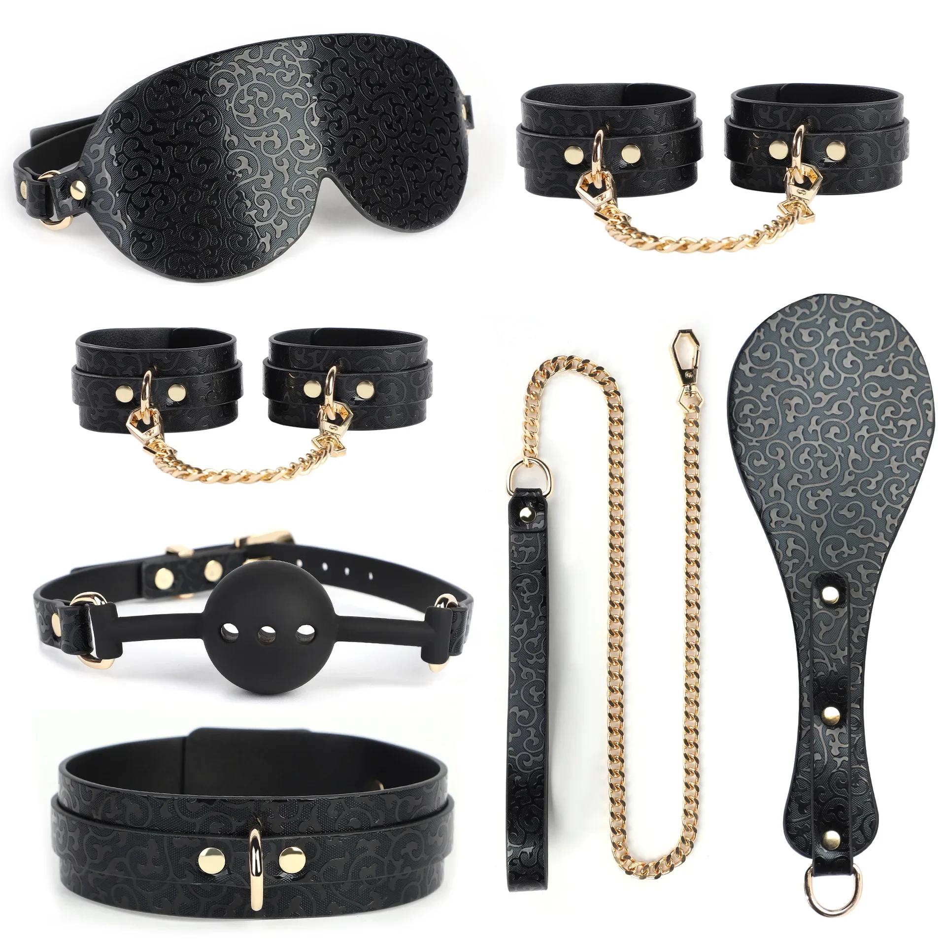 Sex toys SM props set of six moire printed eye mask tied handcuffs set-up collar punishment beat.