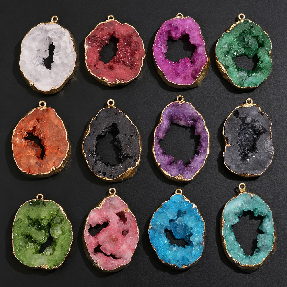 1PC Natural Druzy Agate Geode Pendant Irregular Quartz Crystal Beads Charms for DIY Jewelry Making Handmade Accessries