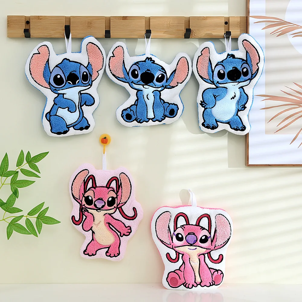 Disney Stitch Angel hand towel, cartoon hanging bathroom kitchen hand towel, multifunctional absorbent cleaning handkerchief
