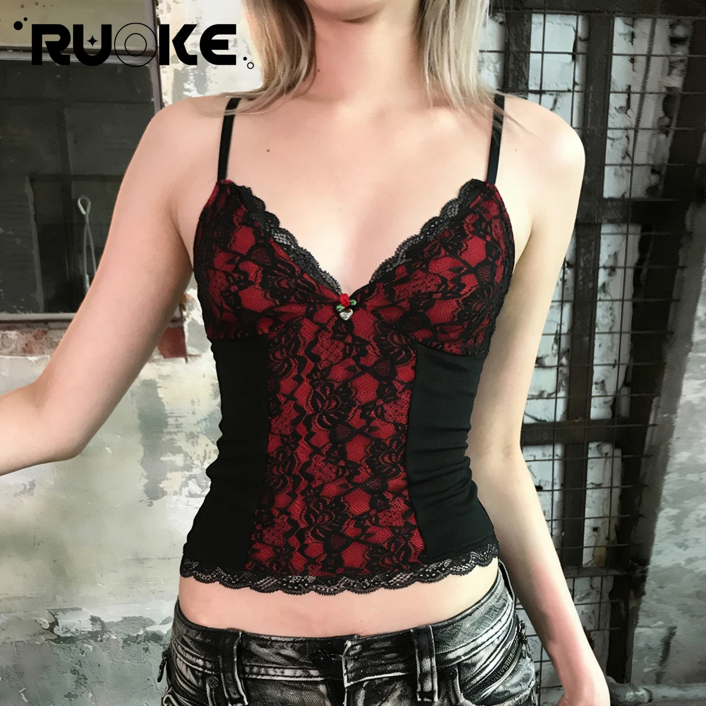 [RUOKE] Sexy Y2K Lace Camisole Women Dark Gothic Slim Corset Top Spaghetti Strap Patchwork Tank Top Club Street Music Festival