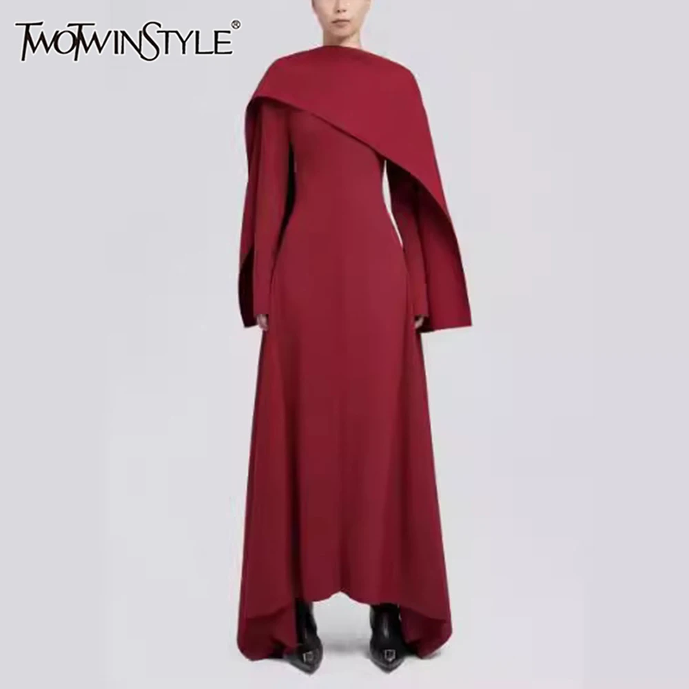 TWOTWINSTYLE Solid Elegant Dresses For Women Round Neck Long Sleeve High Waist Split Patchwork Zipper Long Dress Female Fashion