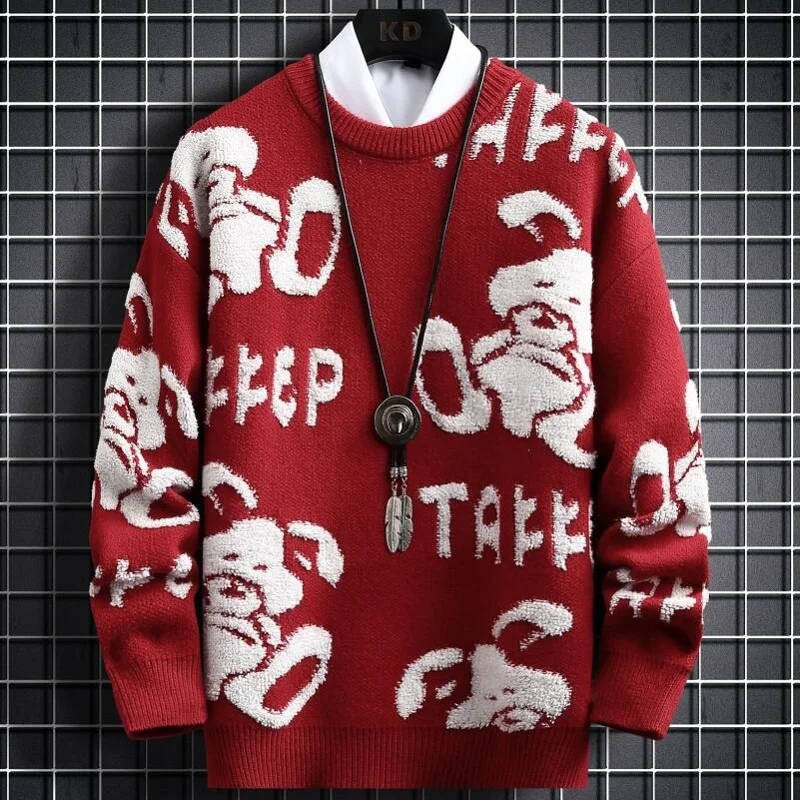 2024 New Winter Hip Hop Printed Sweater Men Streetwear High Quality Soft Warm Mens Christmas Sweaters Cashmere Pullover Man Tops