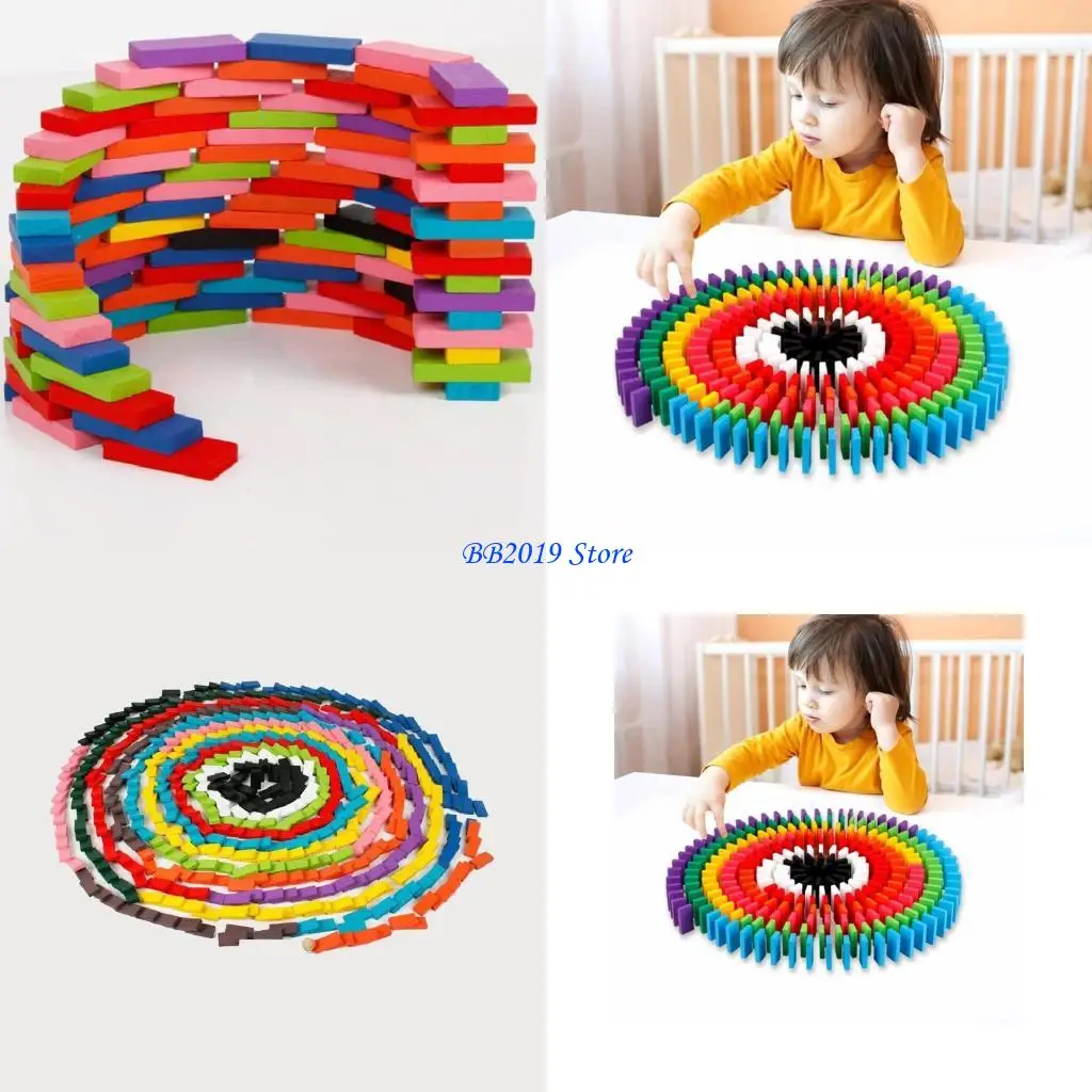 Q0KB 120 piezas Dominino establecido para niños bloques construcción madera 12 colores Juegos azulejos carreras