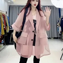 Plus Size Y2k Pink Summer Sun-protective Women's Jackets Korean Solid Pockets Spliced Female Outwear 2024 New Casual 150KG Coat