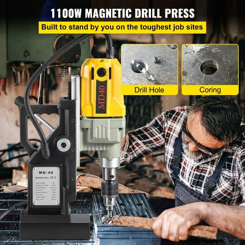 1100W Magnetic Drill Press, 1.57 Boring Diameter, 2697lbf Portable Electric Drill with 7 Bits, 580 RPM for Home & Construction