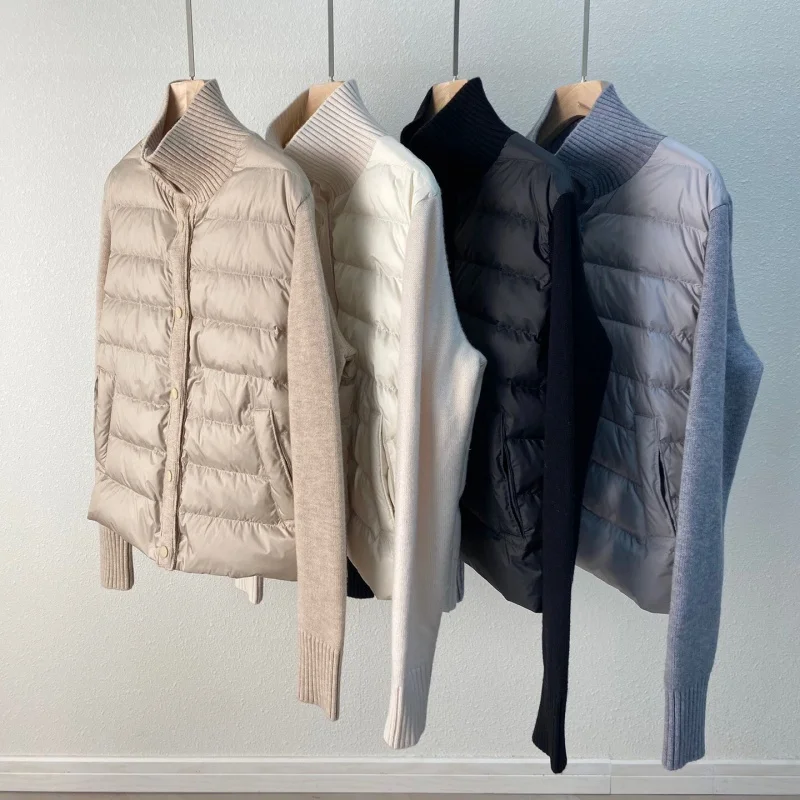 Casual Sle Piumino da donna Jaet Colletto alla coreana in lana Splicing ort Vestibilità ampia Piuma d'oca bianca Cappotto caldo