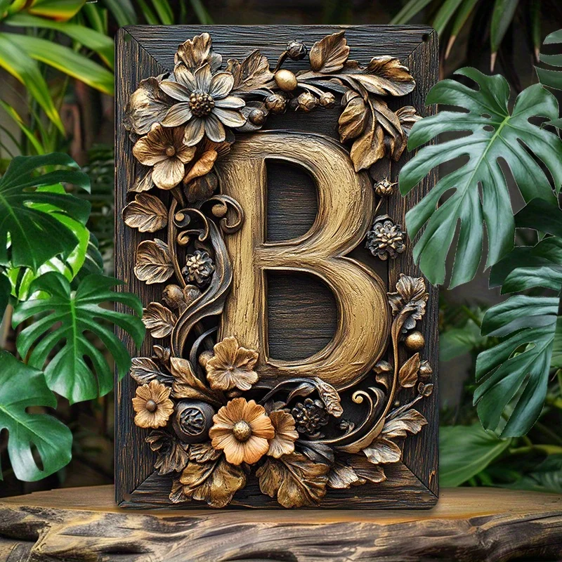 

1pc Elegant Aluminum Wall Art - Decorative Letter B with Floral and Foliage Design, 8x12 Inch Metal Tin Sign for Home