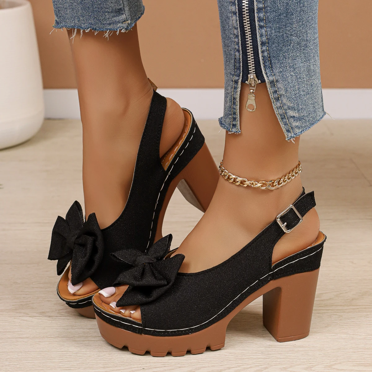 

Модные женские босоножки на высоком каблуке с бантом, летние, новые, повседневные, на толстом каблуке, из искусственной кожи, в римском стиле, с вырезом «рыбий рот»