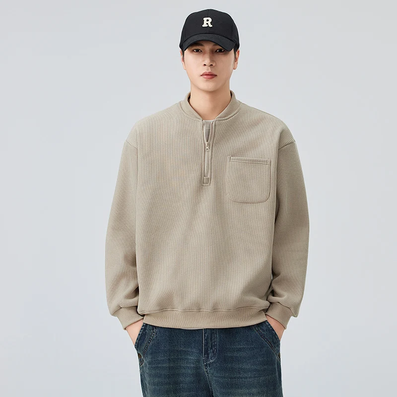 2026 Spring Solid Color Pocket Hoodie Men's Korean Long Sleeve Polo Shirt Streetwear