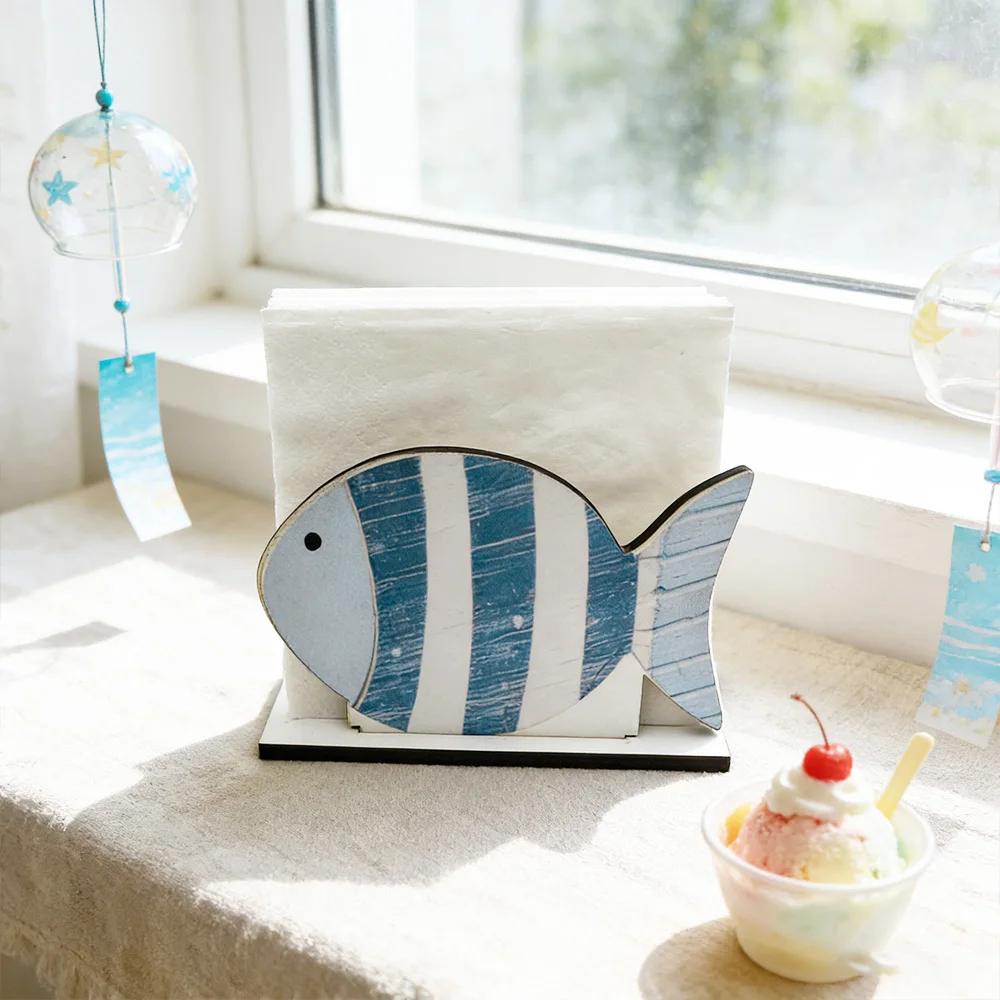 

Mediterranean Themed Wooden Tissue Rack, Ocean Blue Striped Fish Shaped Tissue Holder, Cute Stylish Household Storage