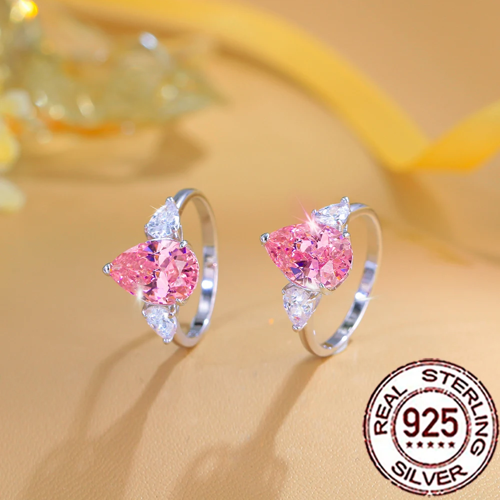 QooLady Verlobungs- und Ehering aus 925er-Sterlingsilber mit rosa Tropfenform und CZ-Seiten in Weiß, zierlicher, feiner Schmuck, Geschenk für Frauen, SR115 – Detail 2