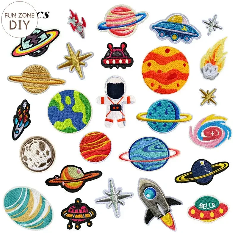 FZdiy Cartoon Space Planet Rocket Iron on Patches for Clothing DIY T-shirt Applique Embroidery Cloth Patch Sticker Costura Badge