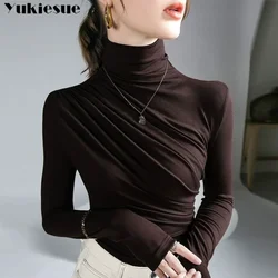 Pleated Stretch T-shirt New Spring Autumn Turtleneck Bottoming Pullover Women's Casual Elegant Basic Top Shirts Harajuku Gothic