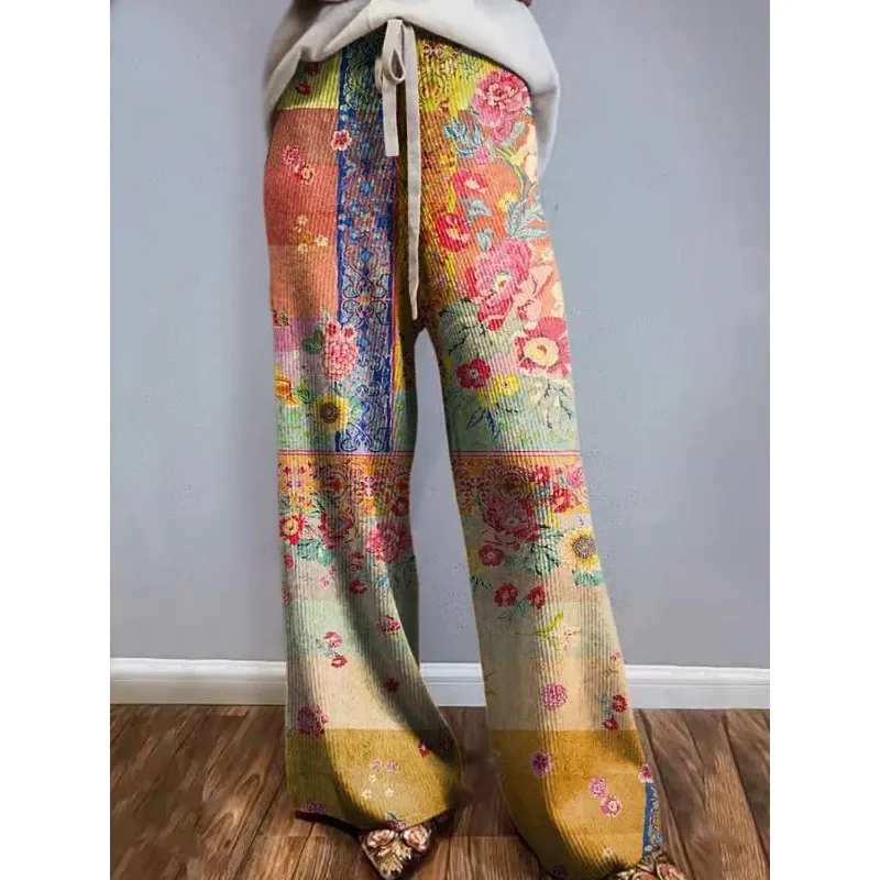 Estilo europeu romântico floral casual calças de perna larga calças esportivas femininas boho festa cordão calças soltas plus size