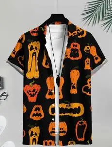 Men Halloween Pumpkin Short Sleeve Shirt Scary Jack‑o‑Lantern Print Turn‑Down Collar Casual Shirts